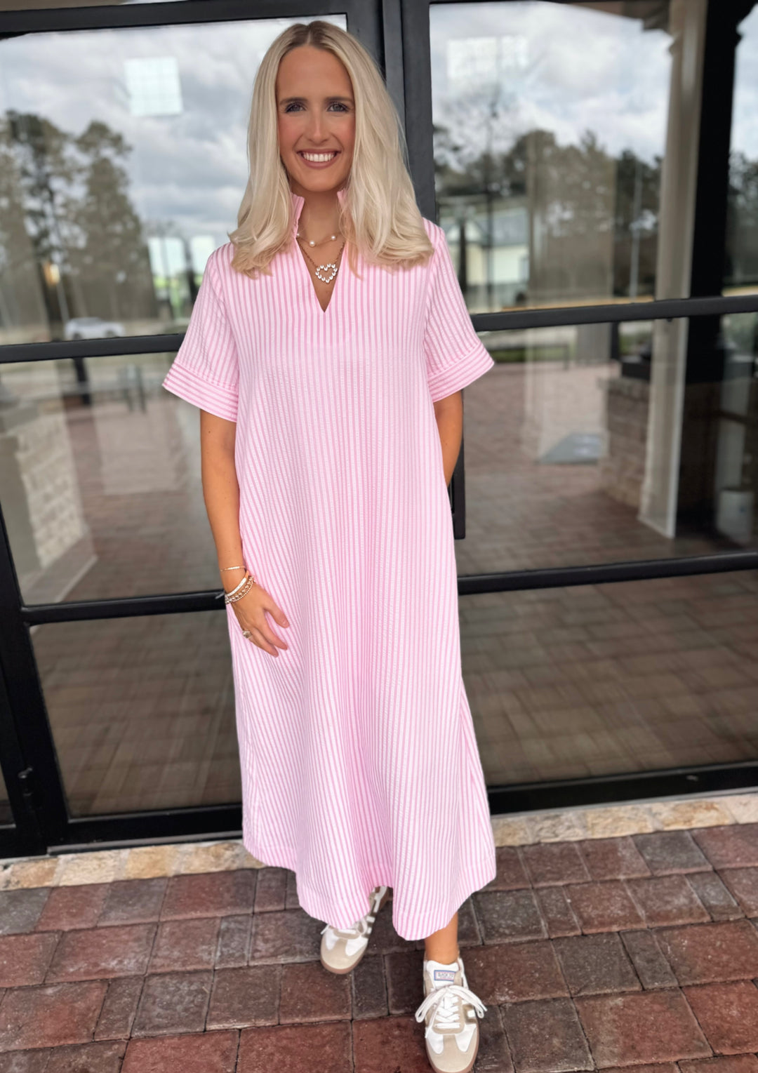 pink and white striped maxi dress This & That Maxi Dress, Pink Stripe