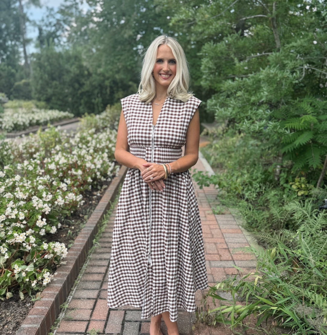 brown gingham maxi dress LTS Tall Women's Chocolate Cotton making it perfect for both casual outings and dressier occasions Rihoas Checkered Square Neck Midi