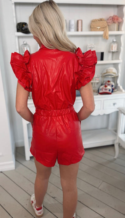 Red Leather Ruffle Romper