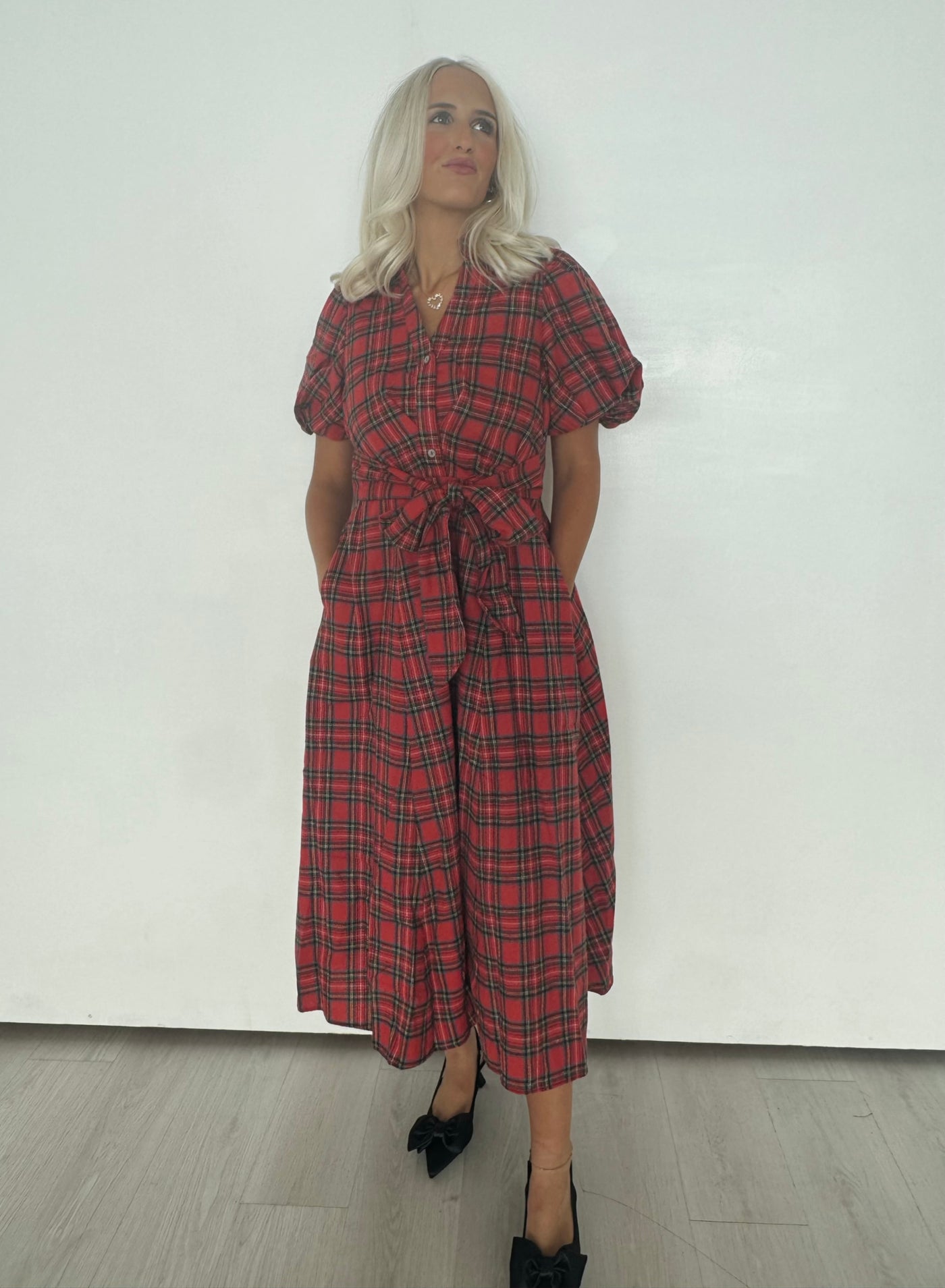 Red Plaid Tie Maxi Dress