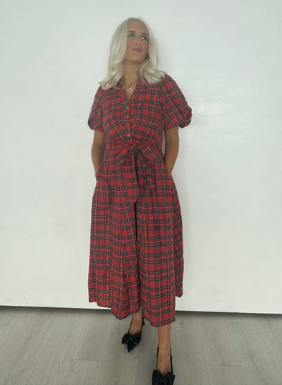 Red Plaid Tie Maxi Dress