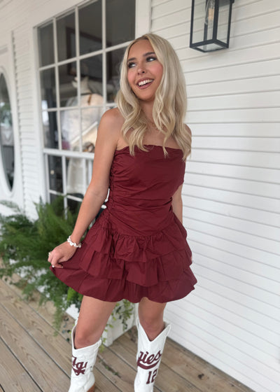 Maroon Ruffle Romper Dress