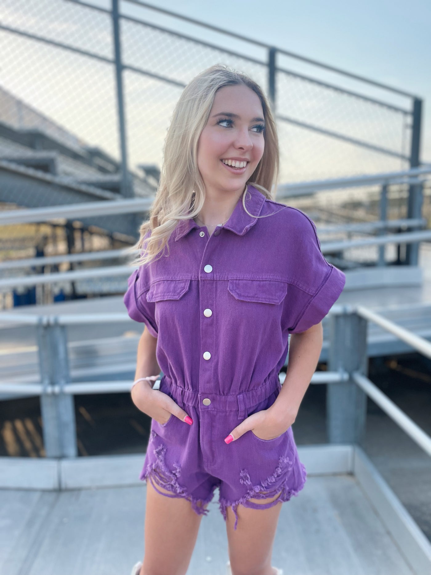 Violet Denim Distressed Romper