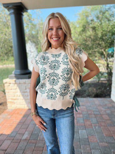 Ribbed Scalloped Flower Sweater - Hunter Green