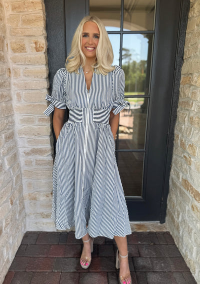 Navy Pin Striped Midi Dress