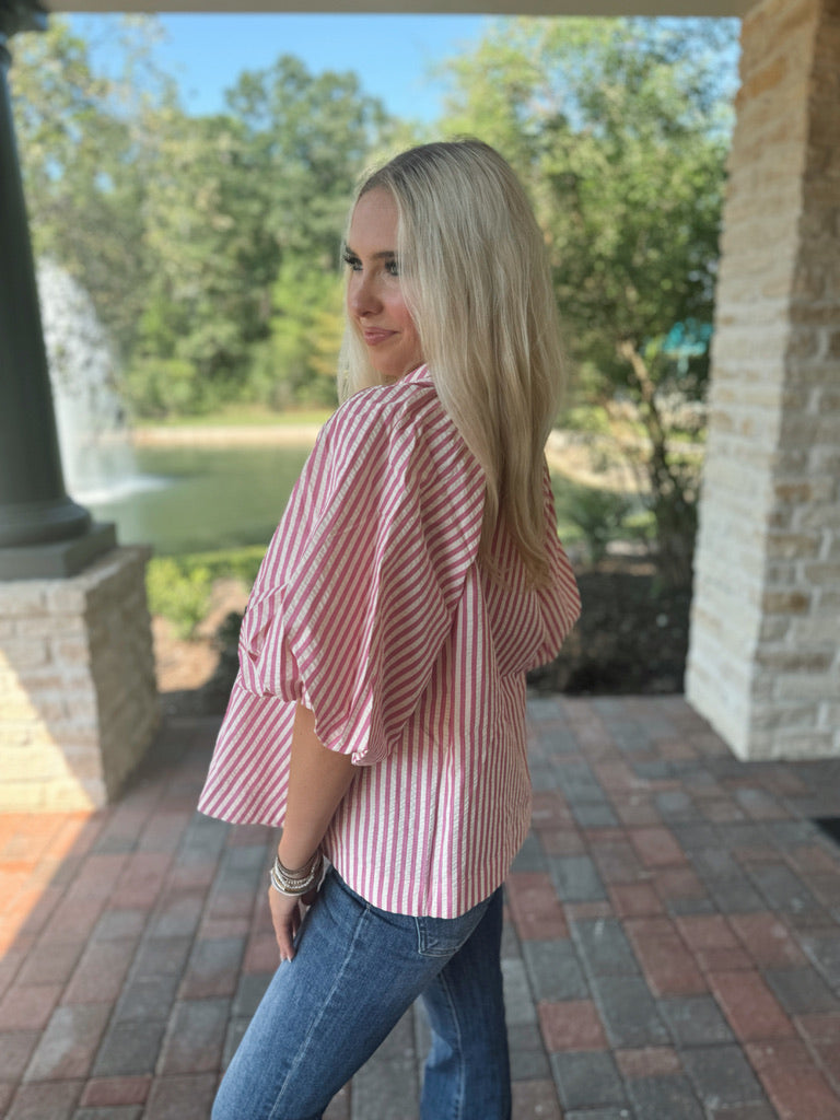 Striped Bubble Sleeve Button Up - Pink