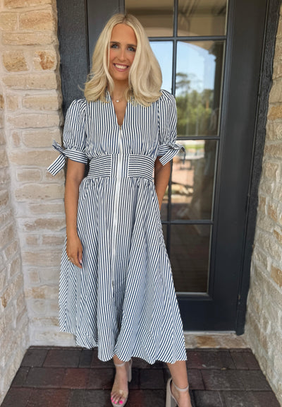 Navy Pin Striped Midi Dress
