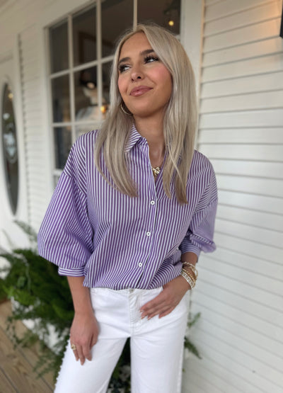 Purple Striped Balloon Sleeve Top