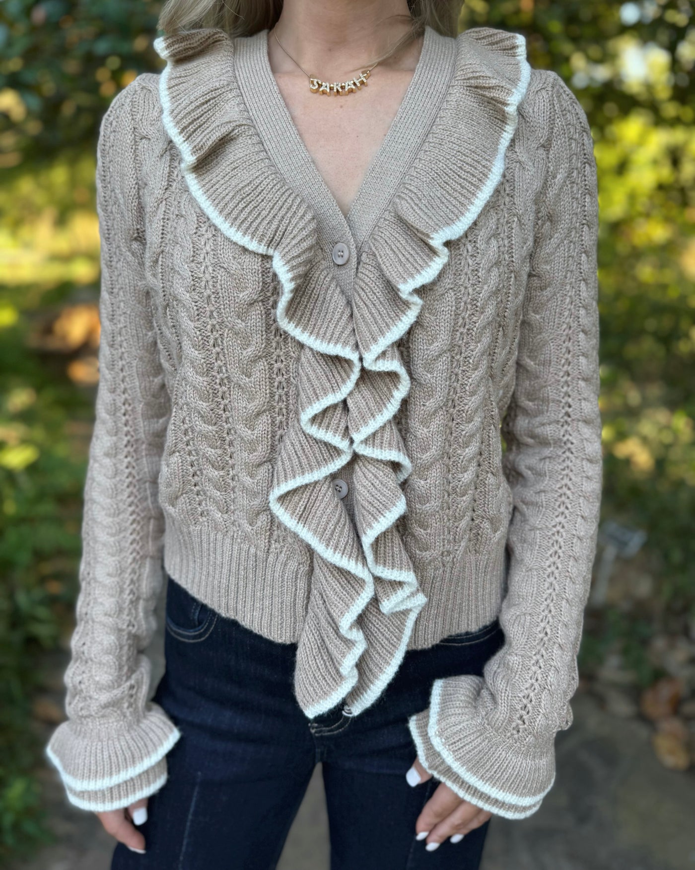 Cable Knit Ruffle Cardigan Sweater
