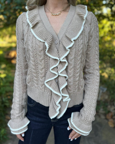 Cable Knit Ruffle Cardigan Sweater