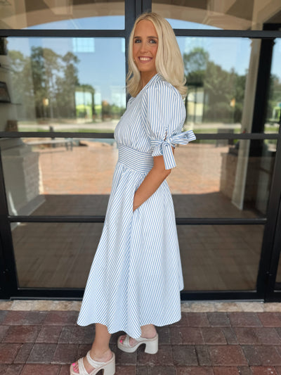 Blue Pin Striped Midi Dress