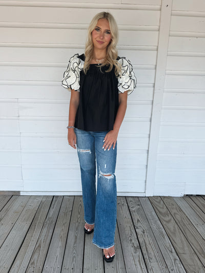 Black Ruffle Sleeve Top