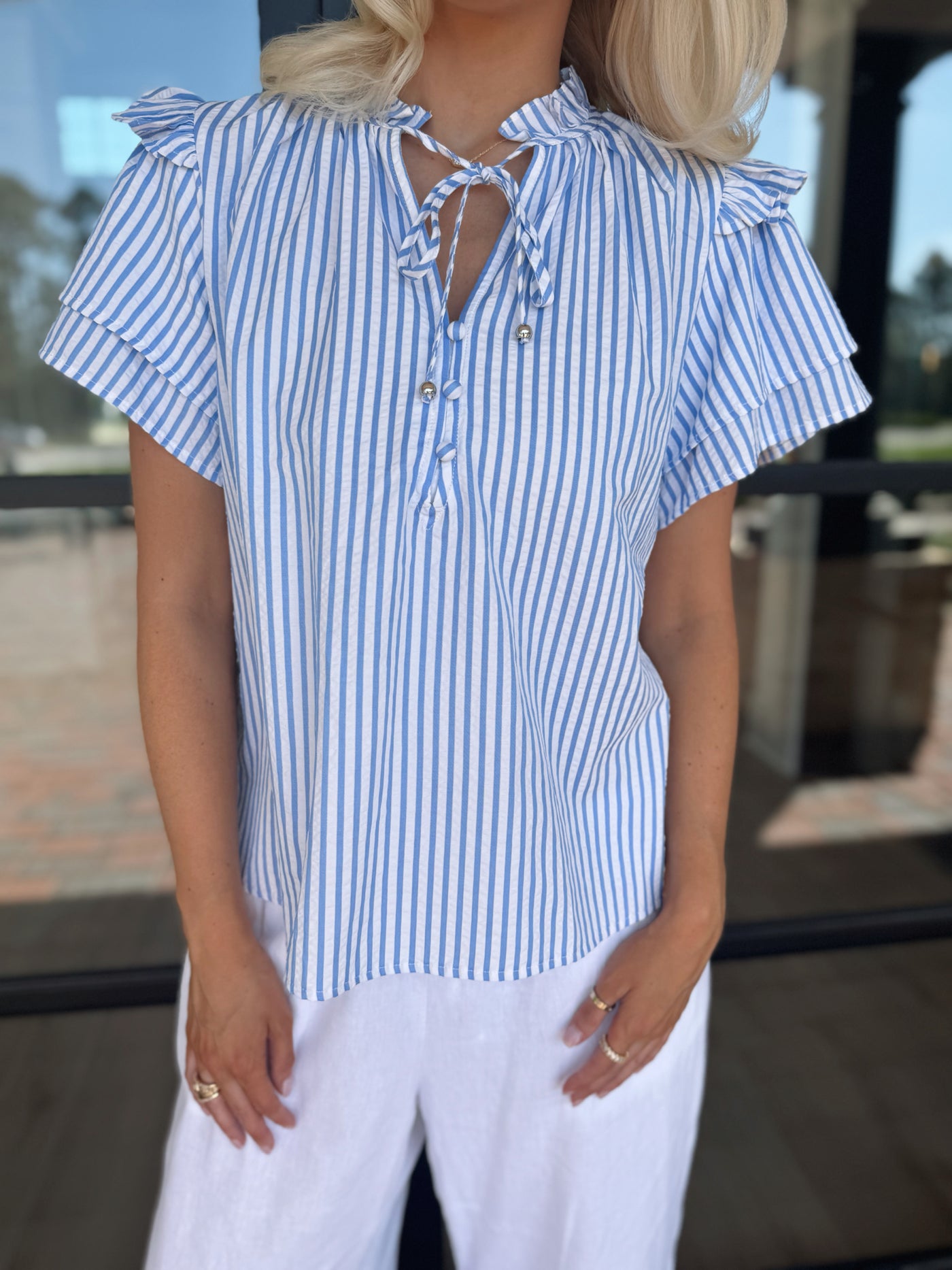 Blue Striped Ruffle Tie Top