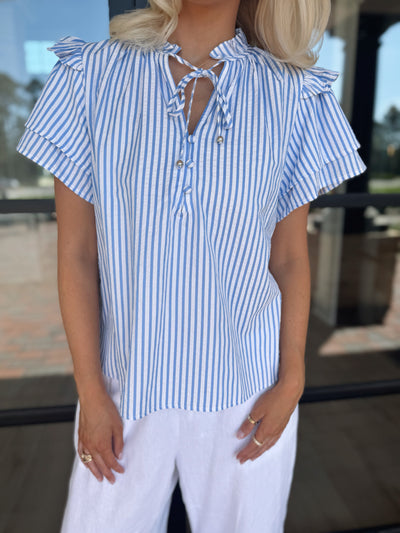 Blue Striped Ruffle Tie Top