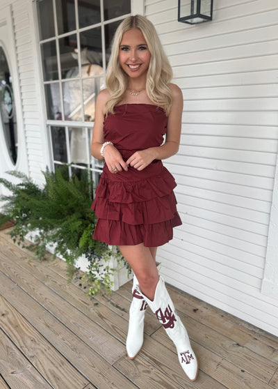 Maroon Ruffle Romper Dress