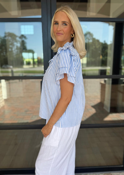 Blue Striped Ruffle Tie Top