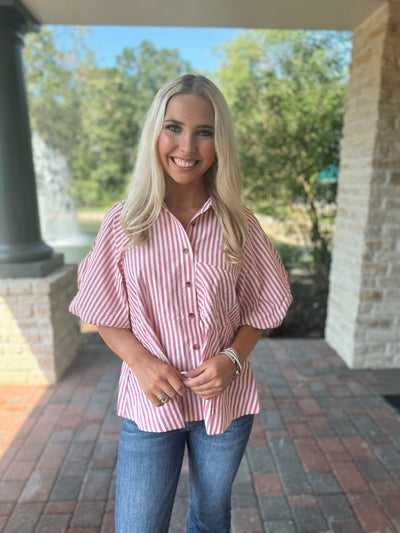 Striped Bubble Sleeve Button Up - Pink