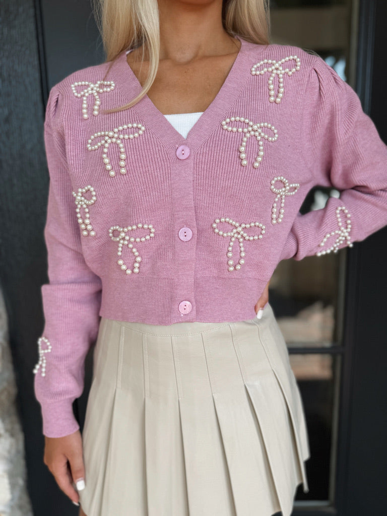 Dusty Pink Pearl Bow Cardigan