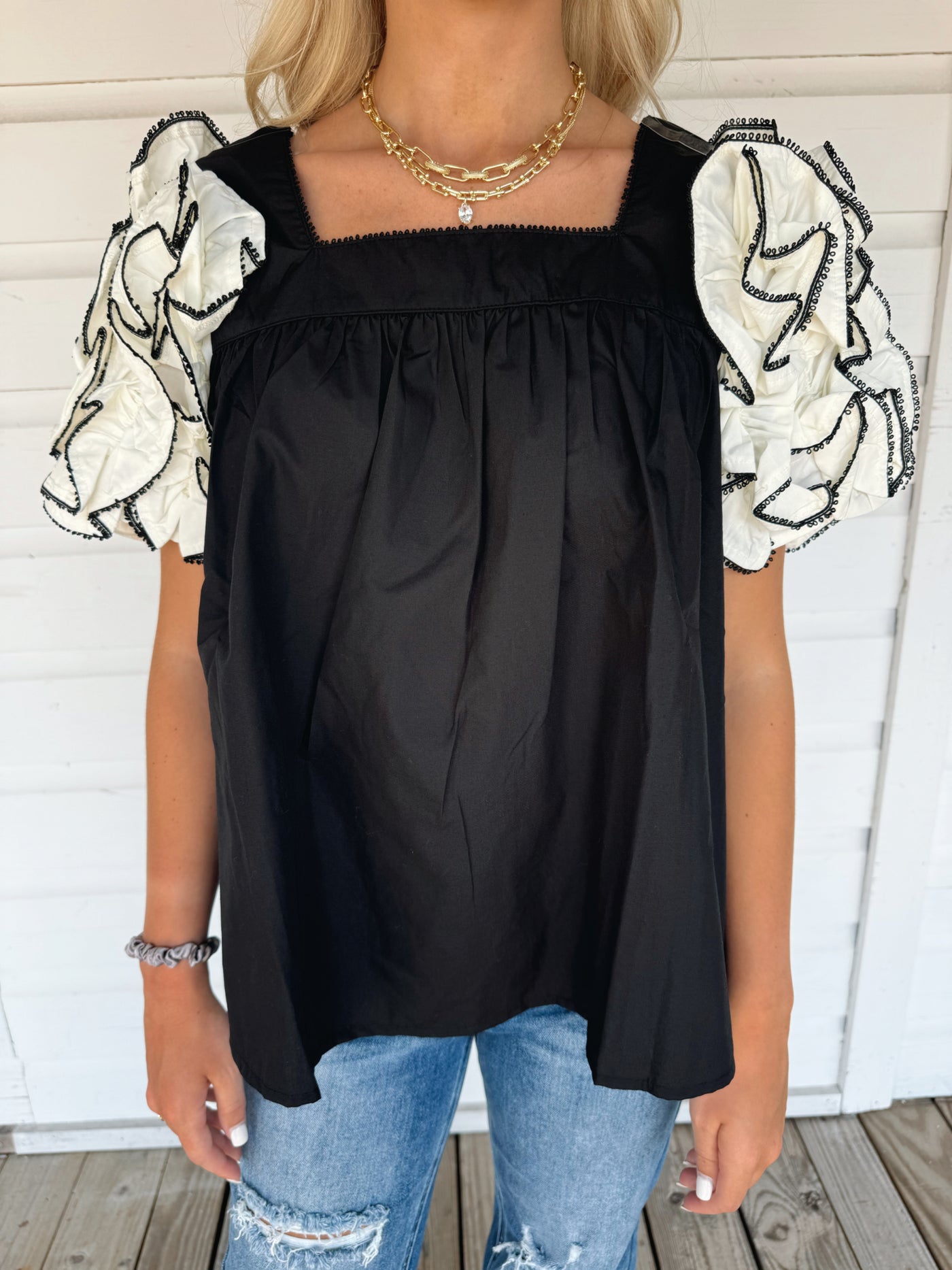 Black Ruffle Sleeve Top