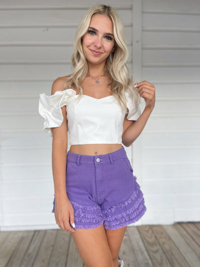 Purple Ruffle Denim Shorts