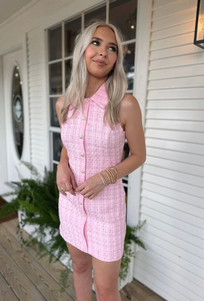 Pink Tweed Collared Dress