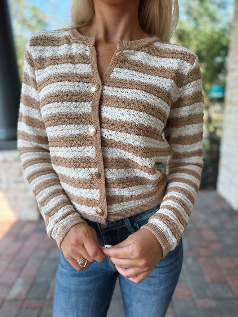 Striped Button Up Cardigan - Beige