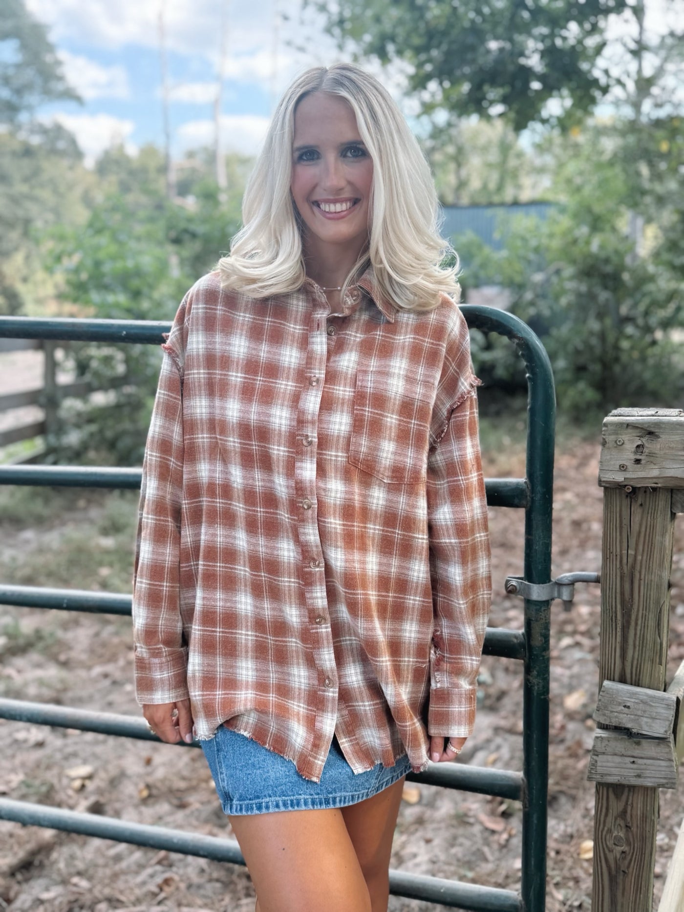Rust Plaid Distressed Flannel