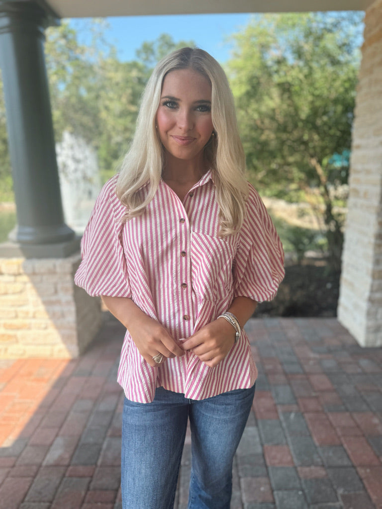 Striped Bubble Sleeve Button Up - Pink