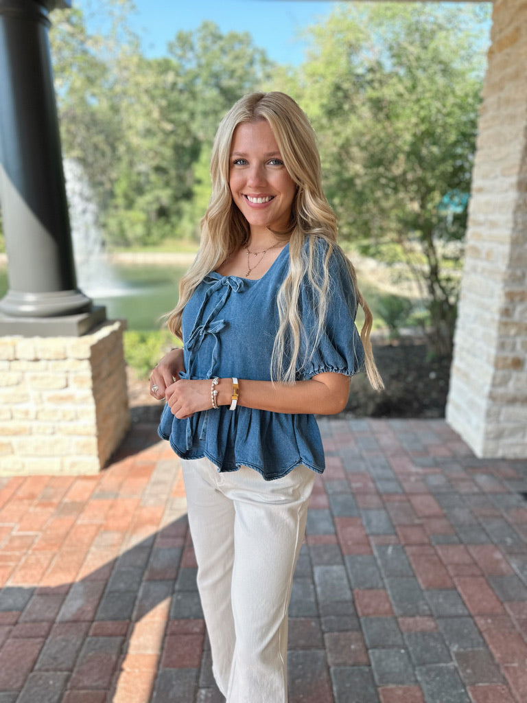 Denim Bow Peplum Top