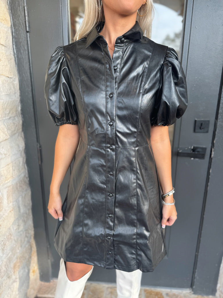 Black Leather Puff Sleeve Dress