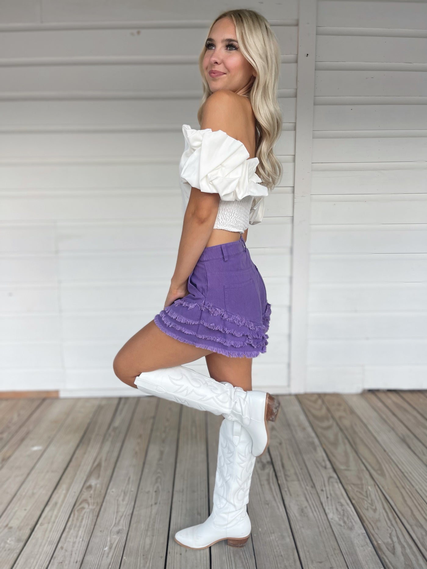 Purple Ruffle Denim Shorts