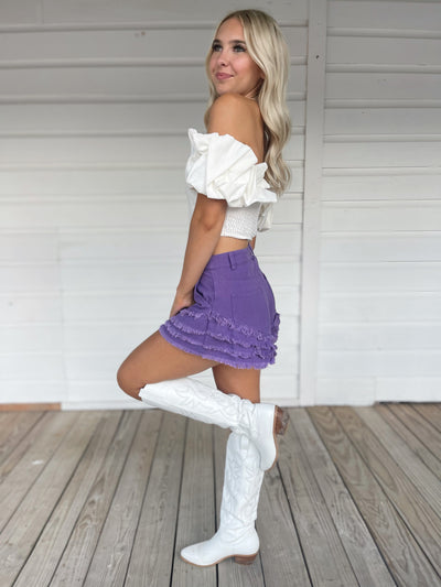 Purple Ruffle Denim Shorts