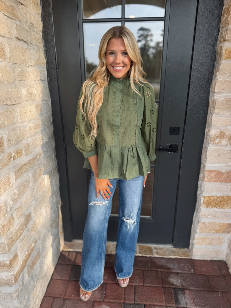 Olive Eyelet Top