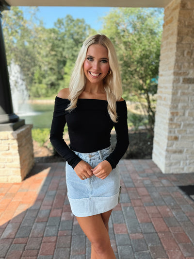 High Waisted Cuffed Denim Mini Skirt