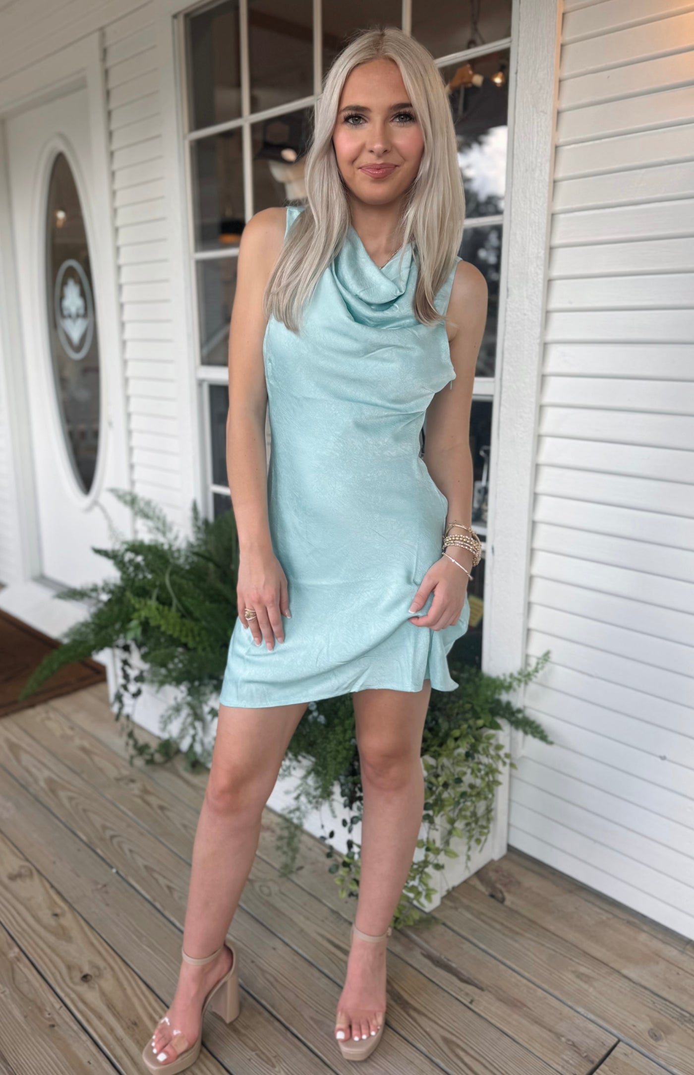 Satin Cowl Neck Mini Dress