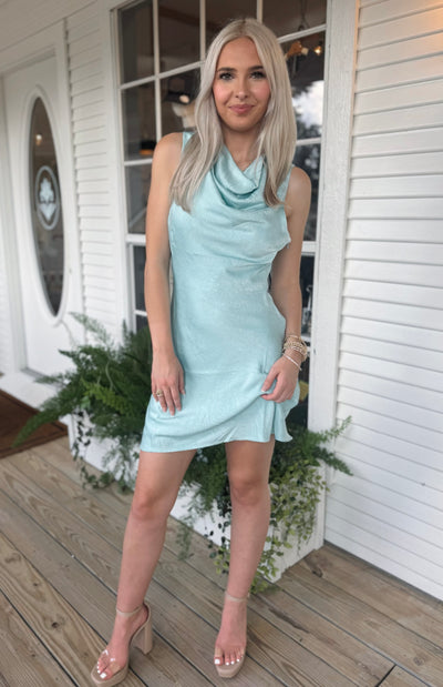 Satin Cowl Neck Mini Dress