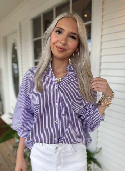 Purple Striped Balloon Sleeve Top