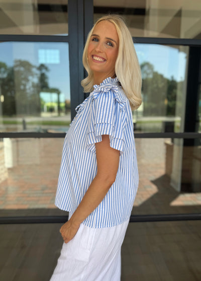 Blue Striped Ruffle Tie Top