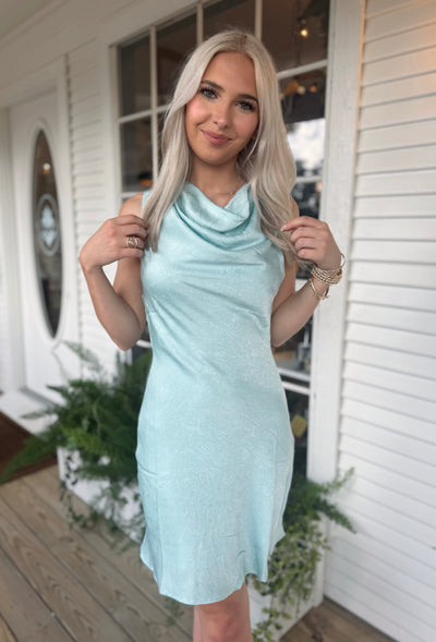 Satin Cowl Neck Mini Dress