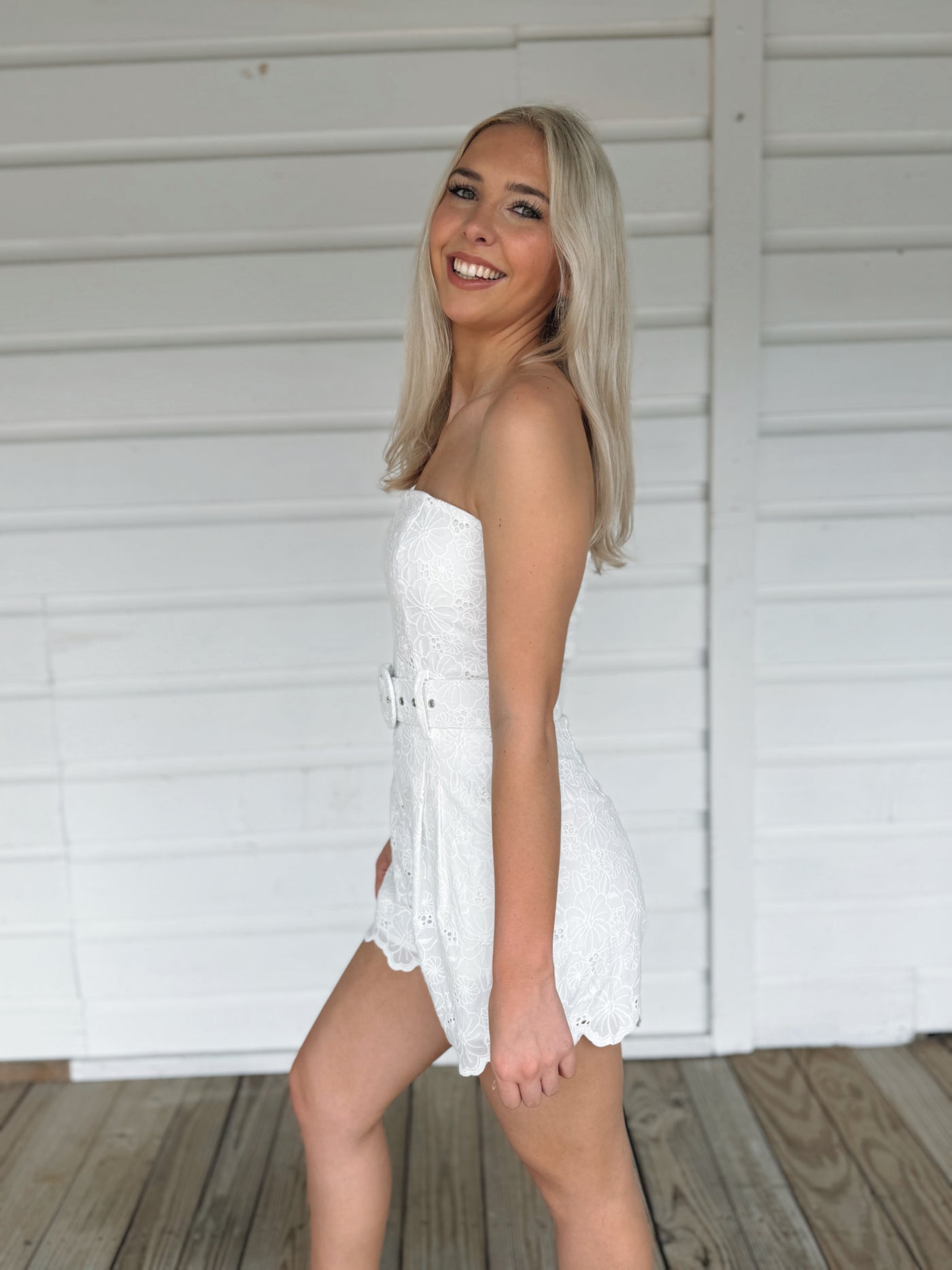 White Eyelet Strapless Romper