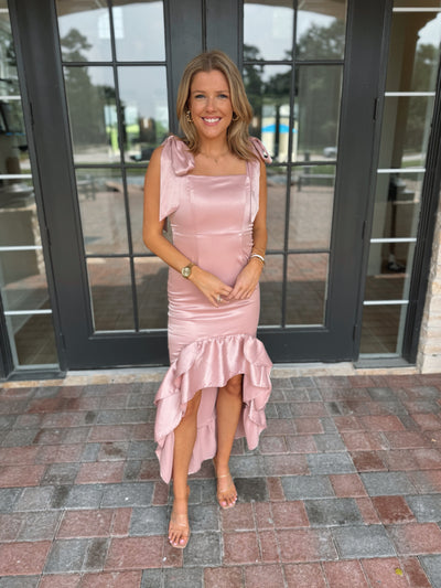 Satin pink high low ruffle dress