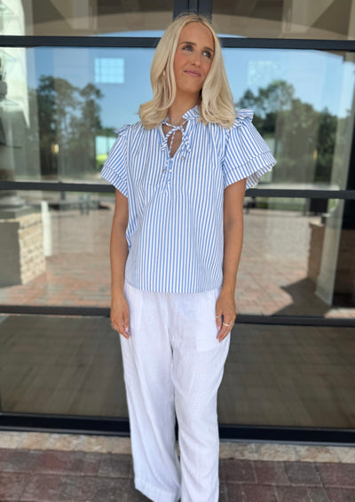 Blue Striped Ruffle Tie Top