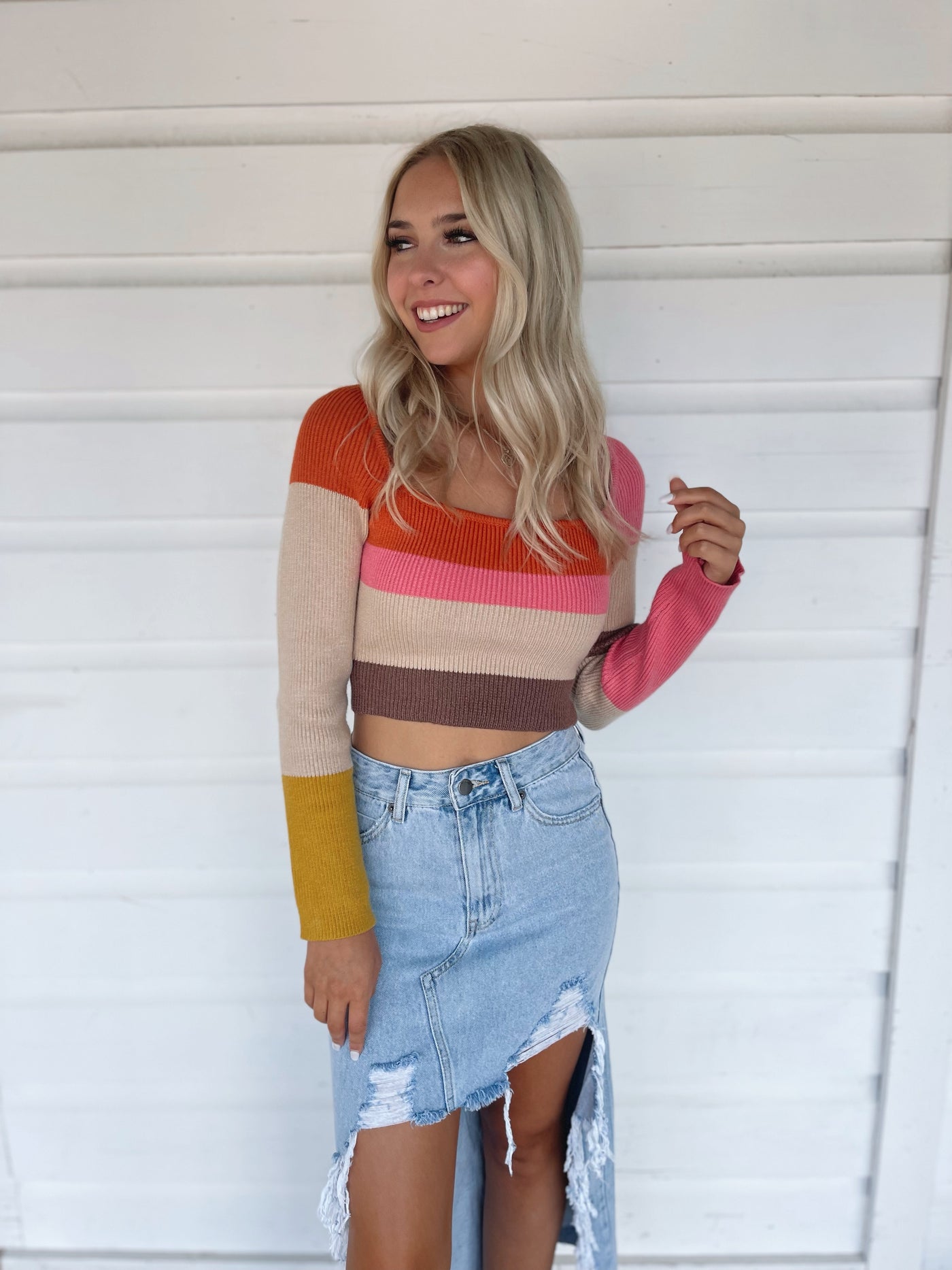 Color Block Striped Crop Sweated