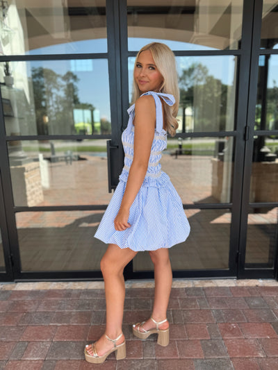 Blue Striped Bubble Mini Dress