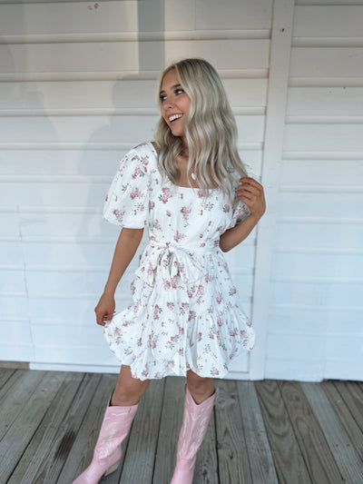 White Floral Puff Sleeve Dress