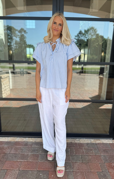 Blue Striped Ruffle Tie Top