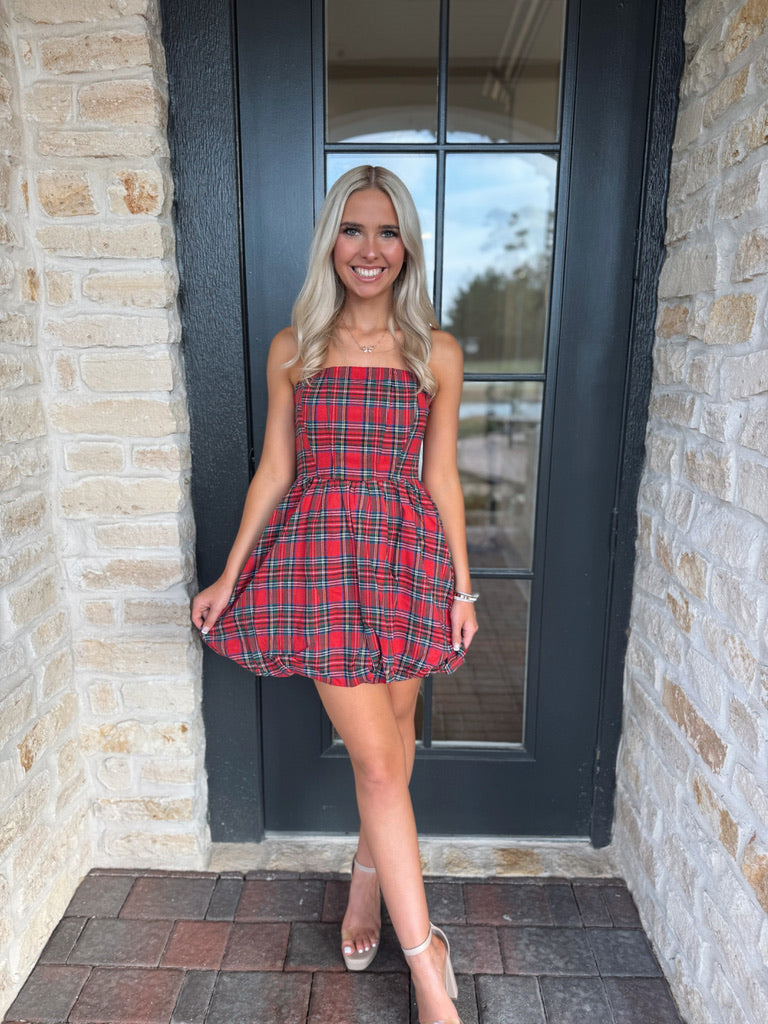 Plaid Strapless Bubble Dress