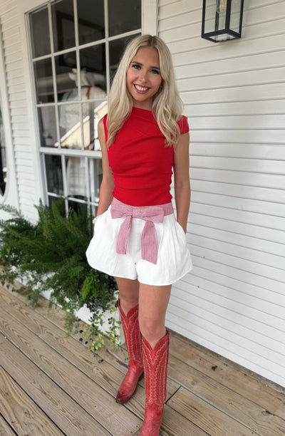 White Shorts Red Waist Band