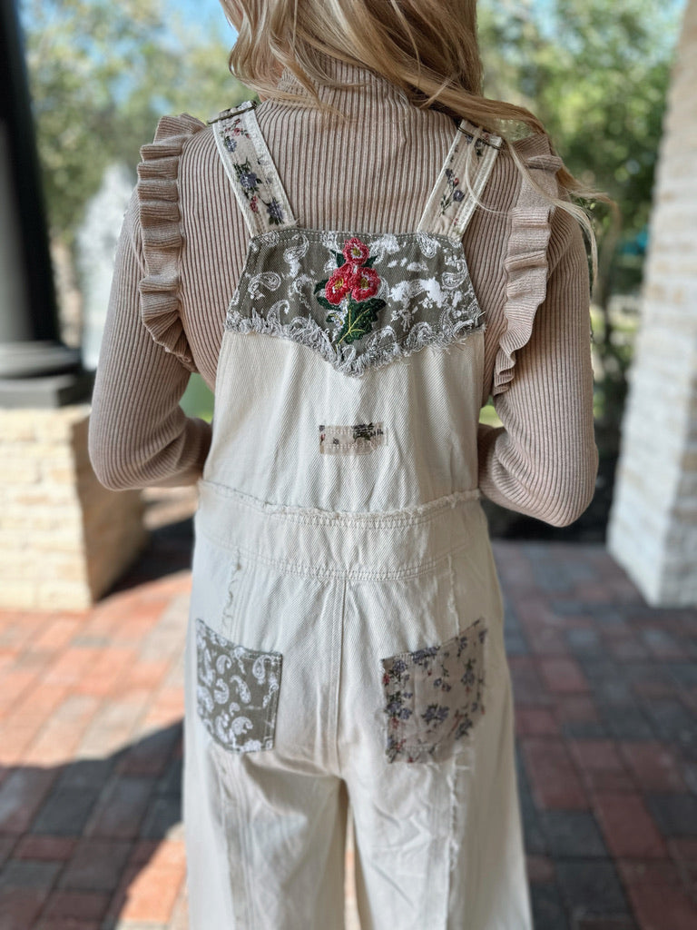 Almond Floral Patchwork Overalls