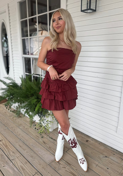 Maroon Ruffle Romper Dress
